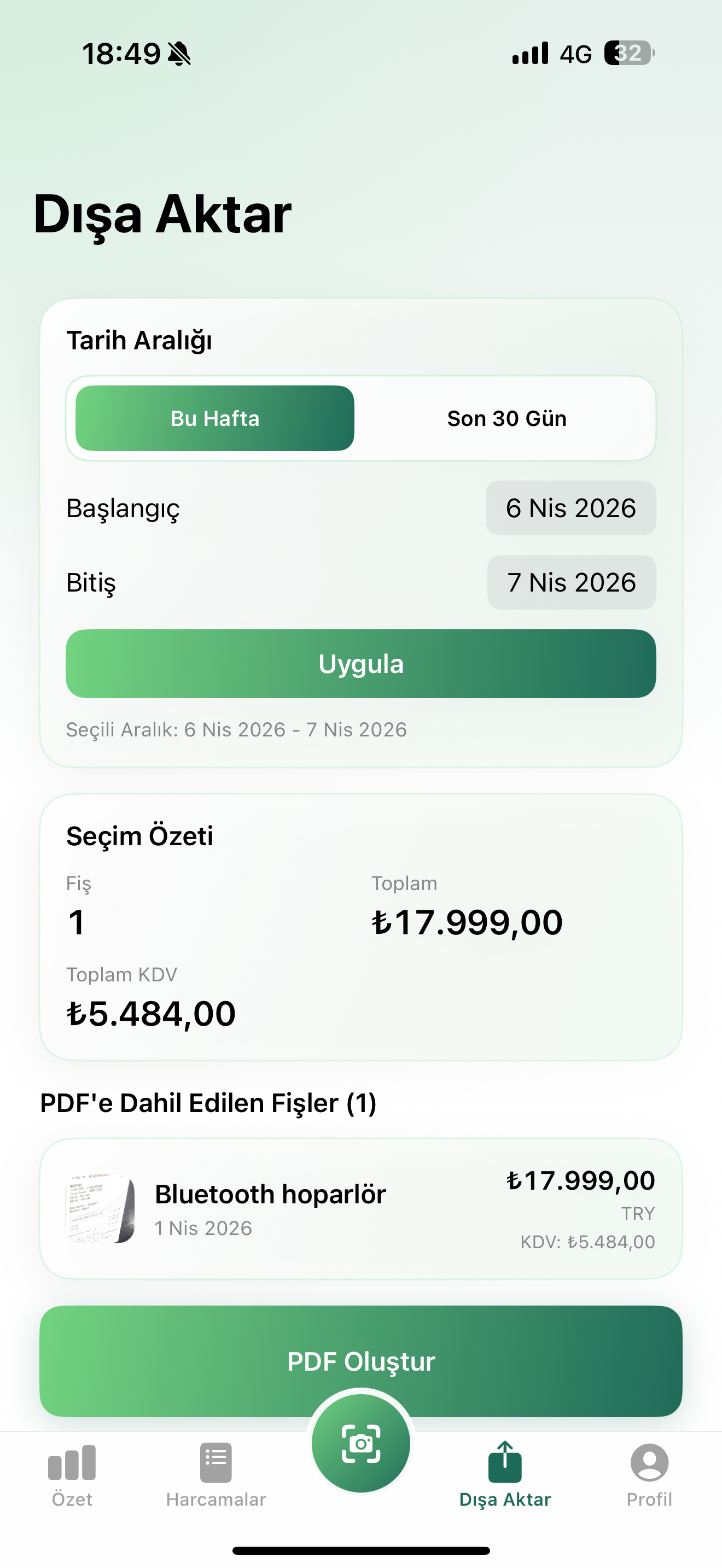 Spendio mobile app export screen