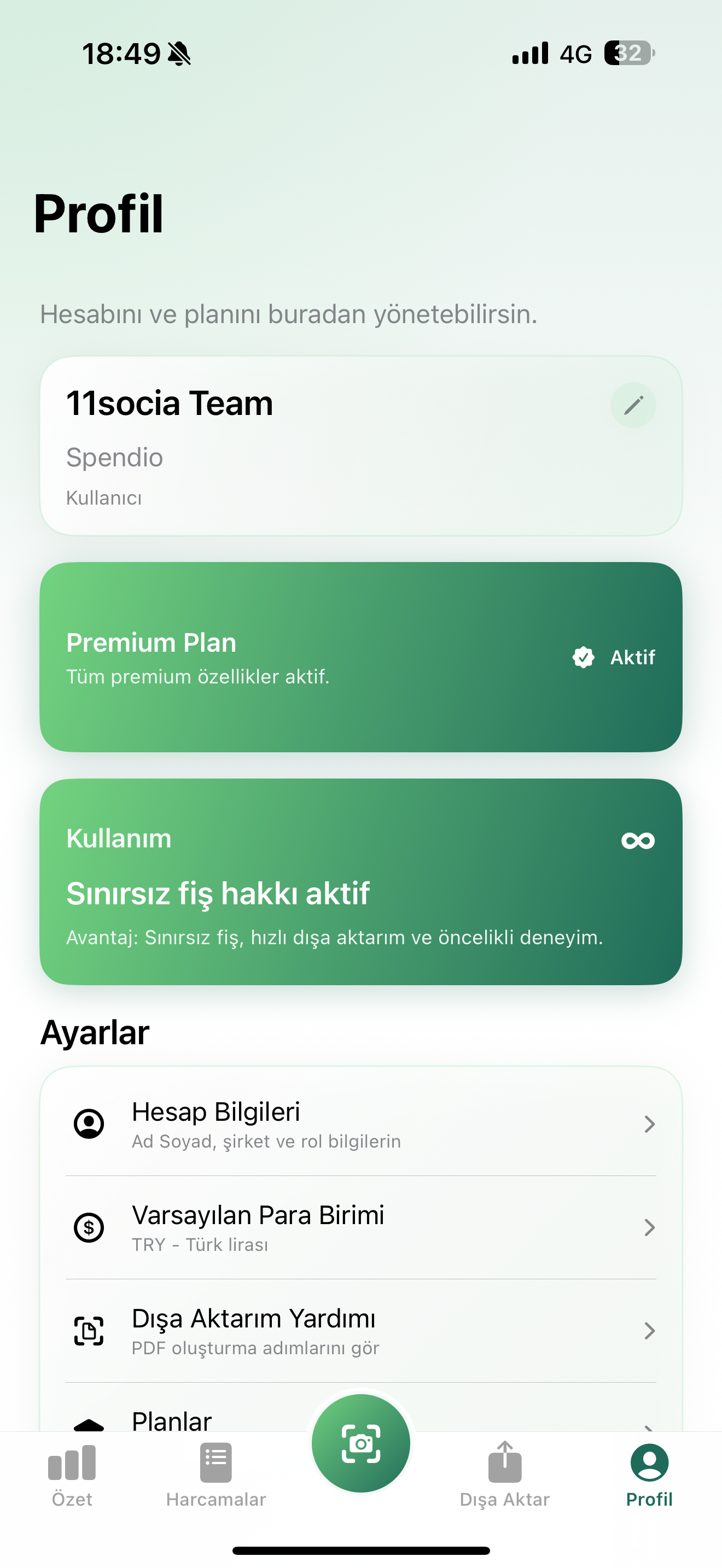 Spendio mobile app profile screen